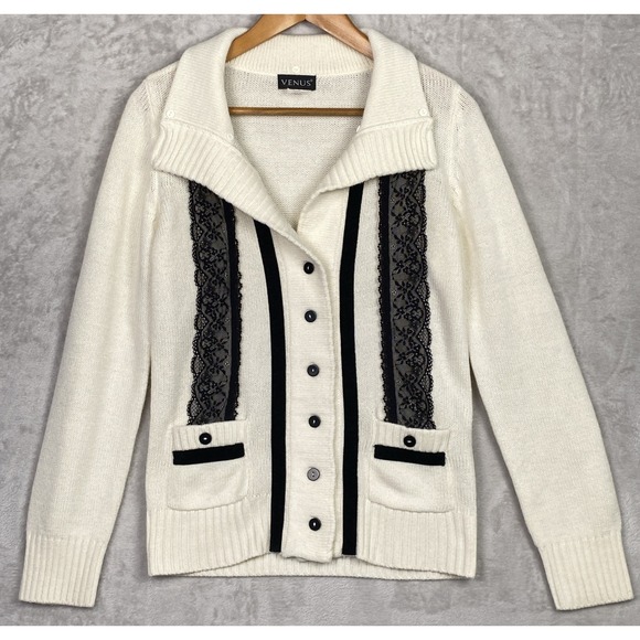 VENUS Sweaters - Women's Whimsigoth Cardigan Sweater Venus Lace Small White Black Dark Coquette‎